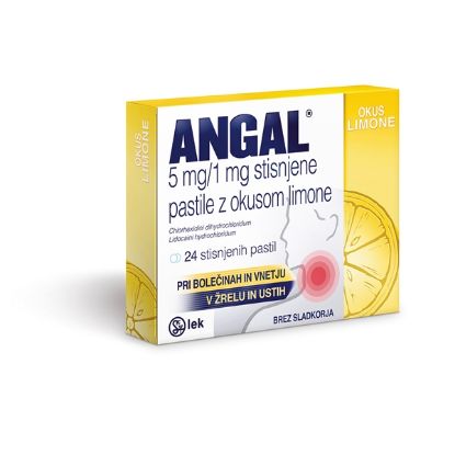 Slika Angal 5 mg/1 mg, pastile z okusom limone, 24 pastil