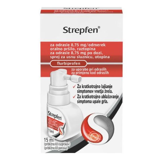Strepfen pršilo za lajšanje simptomov vnetja žrela, kot so občutljivost, bolečina in oteklina žrela
