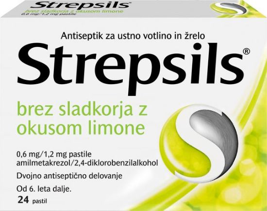 Zdravilo Strepsils brez sladkorja z okusom limone, vnetja žrela in okužb v ustih in žrelu