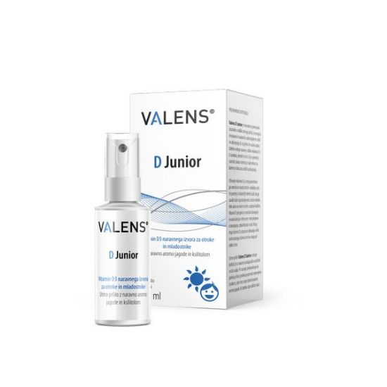 Valens D Junior ustno pršilo z naravno obliko vitamina D3 iz lanolina za otroke. Z okusom jagode. vsebuje 500 IU vitamina D3
