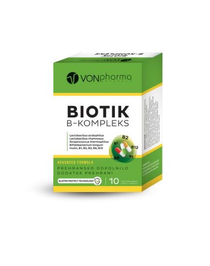 Vonpharma BIOTIK B-komplex je posebej razvita formula za zmanjšanje negativnih učinkov jemanja antibiotikov. Namenjen je okrepljeni podpori telesa med antibiotično terapijo 