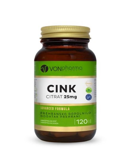 VONpharma Cink – Citrat prispeva k  delovanju imunskega sistema, ohranjanju vida, kognitivnih funkcijah, plodnosti in razmnoževanju
