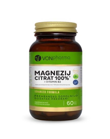 VONpharma Magnezij Citrat 100% + Vitamin B2 prispeva k normalnemu delovanju mišic, podpira ravnovesje elektrolitov in prispeva k normalnemu delovanju živčnega sistema, skrbi pa tudi za zdrave kosti in zobe