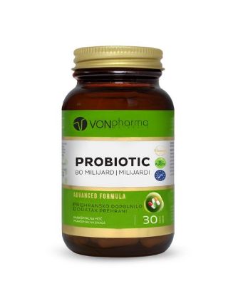 VONpharma PROBIOTIC v 1 vegeterijanski kapsuli zagotavlja kar 80 milijard aktivnih bakterij, ki tvorijo kolonijo in so odporne na želodčno kislino
