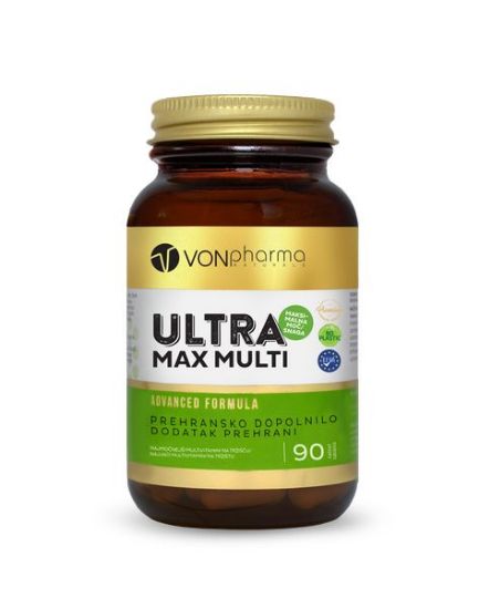 VONpharma Ultra Max Multi  širok spekter esencialnih hranil z dodanima močnima antioksidantoma likopenom in luteinom in s sinergično kombinacijo 14 vitaminov in 11 mineralov