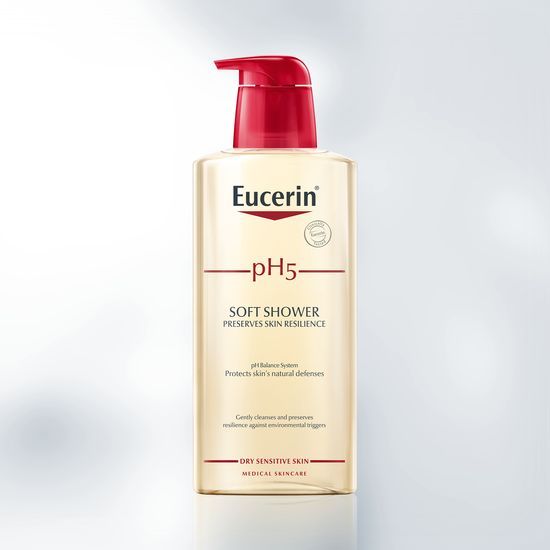 Eucerin pH5 gel za prhanje, Ne vsebuje mil.  Nežno očisti kožo z mehko peno.  Preprečuje izsušitev kože, tudi pri pogosti uporabi.