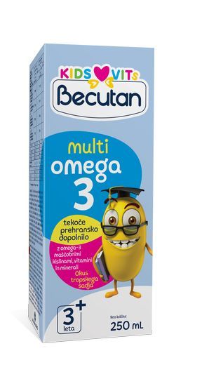 Becutan  KIDS VITS MULTIOMEGA SIRUP vsebuje kombinacijo ribjega olja, bogatega z omega-3 maščobnimi kislinami (DHK in EPK), vitaminov in mineralov