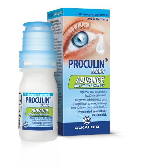 Proculin Tears Advance kapljice za oči blaži občutek vzdraženih, suhih in pekočih oči, občutek tujka v očeh, zmanjšuje utrujenost in pordelost oči 