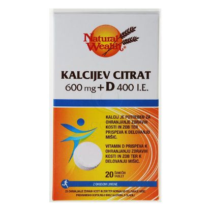 Natural Wealth Kalcijev citrat 600 mg + D 400 I.E., Za ohranjanje zdravih kosti in zob ter normalno delovanje mišic