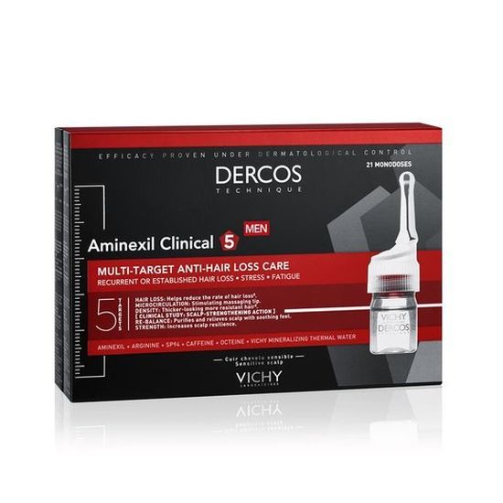 Embalaža izdelka VICHY DERCOS AMINEXIL CLINICAL 5 AMPULE PROTI IZPADANJU LAS ZA MOŠKE 21x6 ml