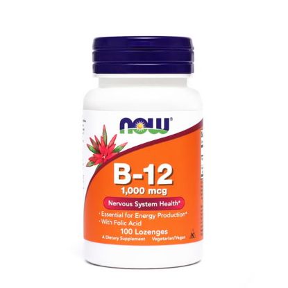 NOW Vitamin B-12, 1000 µg, 100 žvečljivih tablet, s sladili, slika izdelka, pomoč pri delovanju živčnega sistema