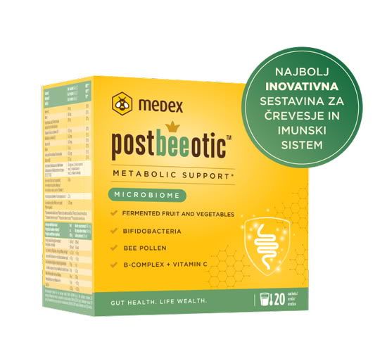 Medex Postbeeotic vrečke ali kapsule z mešanico prebiotikov, postbiotikov ter fermentiranega sadja in zelenjave