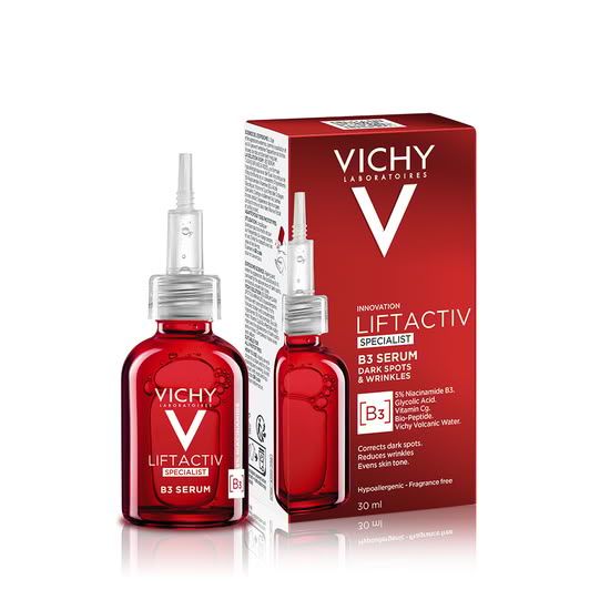 Embalaža seruma in izdelek Vichy Liftactiv B3 z niacinamidom in glikolno kislino