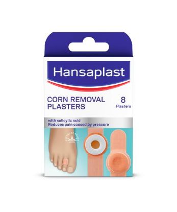 Embalaža Hansaplast Corn Removal Plasters (kurja očesa) z ilustracijo obliža in napisom »with salicylic acid – reduces pain caused by pressure«.