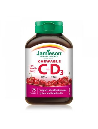 Jamieson Vitamin C+D, žvečljive tablete z naravnim okusom češnje, s sladkorjem in sladili