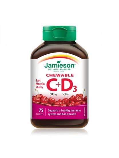 Jamieson Vitamin C+D, žvečljive tablete z naravnim okusom češnje, s sladkorjem in sladili