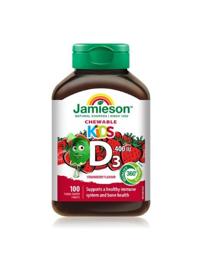 Jamieson Vitamin D3, žvečljive tablete za otroke z naravnim okusom jagode, s sladkorjem in sladilom