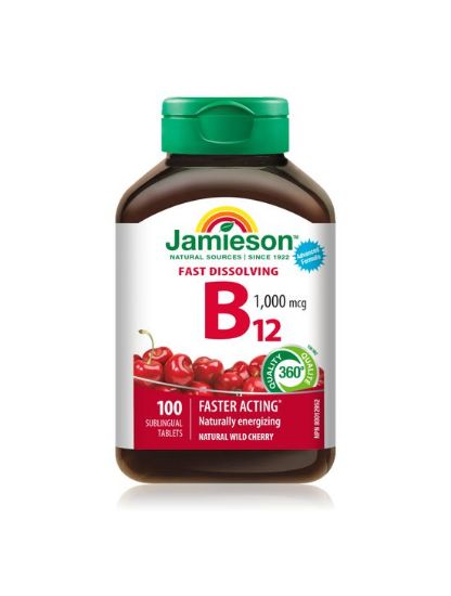Jamieson Vitamin B12 1000 μg z okusom češnje, podjezične tablete s sladili