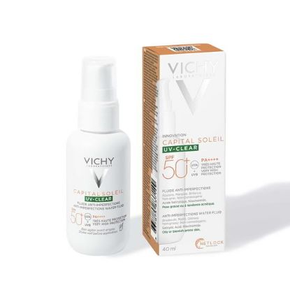 Vichy Capital Soleil UV-CLEAR fluid SPF 50+ za zaščito pred soncem proti nepravilnostim v 40-mililitrski embalaži s škatlo