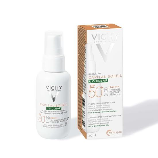 Vichy Capital Soleil UV-CLEAR fluid SPF 50+ za zaščito pred soncem proti nepravilnostim v 40-mililitrski embalaži s škatlo