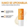 Prikaz uporabe Vichy Capital Soleil stika SPF 50+ na nosu in ličnicah