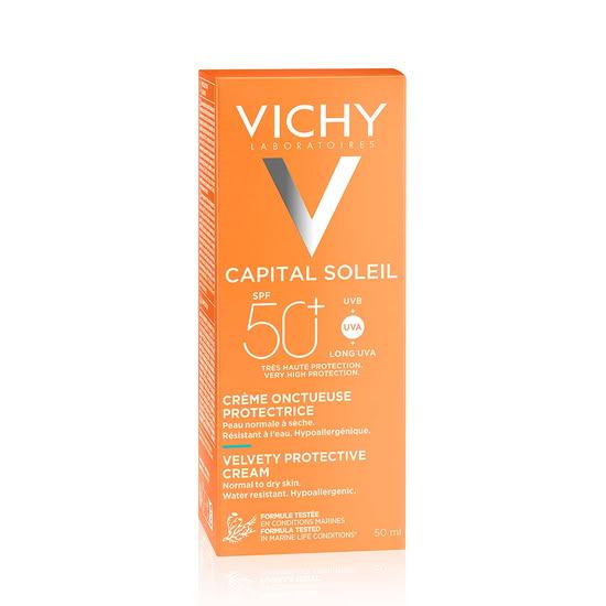 Vichy Capital Soleil žametna krema za zaščito pred soncem SPF 50+ za normalno do suho kožo, 50 ml