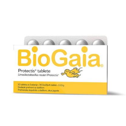 Tablete BioGaia Protectis z okusom jagode vsebujejo L. reuteri Protectis, edinstveno in patentirano mlečnokislinsko bakterijo, ki se je med evolucijo prilagodila na življenje v človeškem organizmu. biogaia 30 žvečljivih tablet