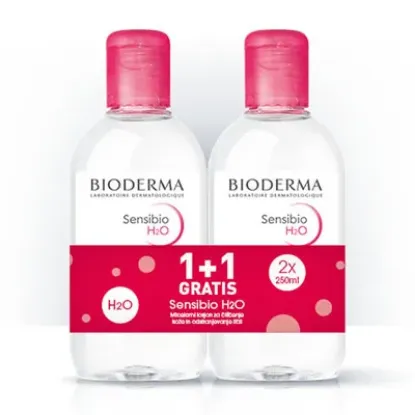 BIoderma Micelarna vodica za čiščenje kože nagnjene k rdečici, 2x plastenka po 250 ml, 1 +1 GRATIS