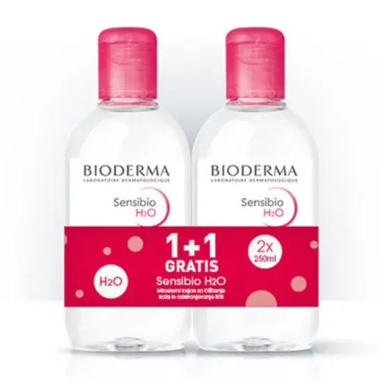 BIoderma Micelarna vodica za čiščenje kože nagnjene k rdečici, 2x plastenka po 250 ml, 1 +1 GRATIS