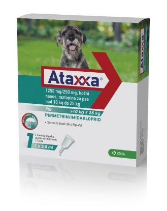 Raztopina (kožni nanos) za zatiranje klopov in bolh na psih nad 10 kg do 25 kg. ataxxa 1250mg_250mg za pse med 10 in 25 kg 1x2,5ml
