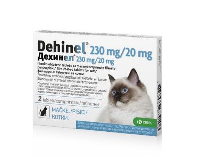 Dehinel za mačke se uporablja za zdravljenje mešanih infestacij mačk z glistami, kavljastimi črvi in s trakuljami. DEHINEL za mačke 230 mg_20mg 2 tableti