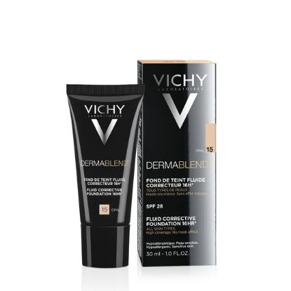 Vichy Dermablend tekoči puder 15 Opal SPF28, visoka prekrivnost, škatlica in tuba izdelka