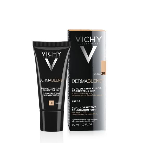 Vichy Dermablend tekoči puder 20 Vanilla SPF28, visoka prekrivnost, embalaža in tuba pudra