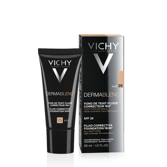 Vichy Dermablend tekoči puder 25  Nude SPF28, visoka prekrivnost, tuba in embalaža izdelka
