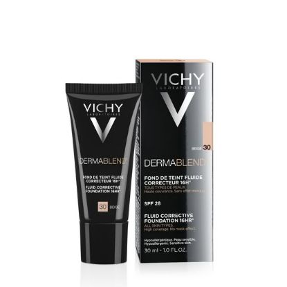 Vichy Dermablend tekoči puder 30 Beige SPF28, visoka prekrivnost, tuba in embalaža izdelka