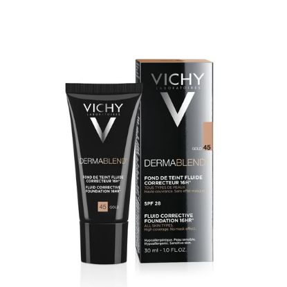 Vichy Dermablend tekoči puder 45 Gold SPF28, visoka prekrivnost, prikaz embalaže in tube pudra