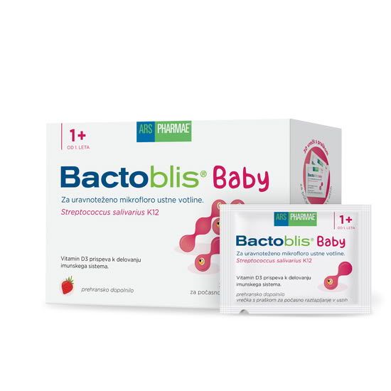 Bactoblis Baby prehransko dopolnilo z vitaminom D3 in sevom Streptococcus salivarius K12 za otroke od 1. leta za zdravo ustno mikrofloro