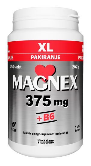 Magnex 375 mg + B6 vsebuje magnezij kot vitamin B6, ki prispevata k zmanjševanju utrujenosti in izčrpanosti, k delovanju živčnega sistema, normalnemu psihološkemu delovanju in sproščanju energije pri presnovi.