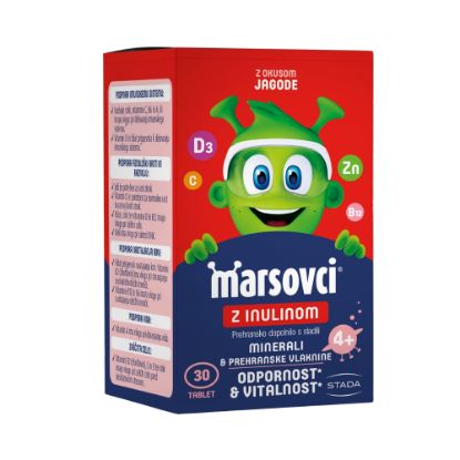 Marsovci, žvečljive tablete z inulinom so kompleks vitaminov in mineralov za otroke, v obliki žvečilnih tablet, z okusom jagode.  S sladili.