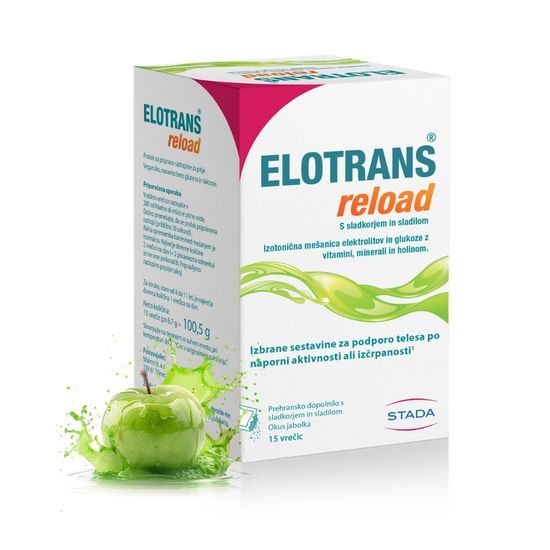 Elotrans, reload, izotonična mešanica elektrolitov in glukoze z vitamini, minerali in holinom.